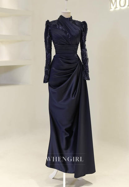 High Neck Beaded Long Sleeves Pleated Sheath Floor Length Evening Formal Dress