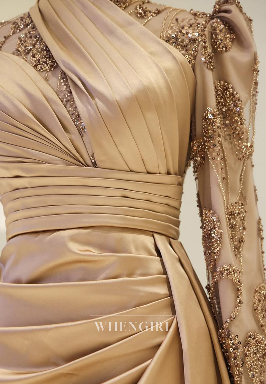 High Neck Beaded Long Sleeves Pleated Sheath Floor Length Evening Formal Dress