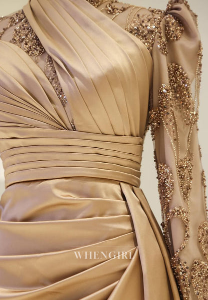 High Neck Beaded Long Sleeves Pleated Sheath Floor Length Evening Formal Dress