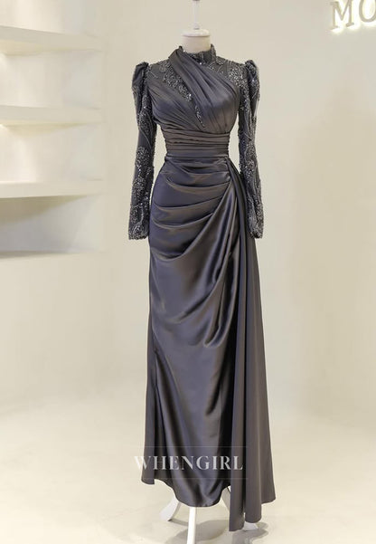 High Neck Beaded Long Sleeves Pleated Sheath Floor Length Evening Formal Dress