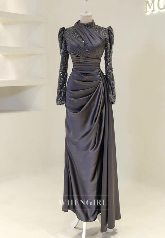 High Neck Beaded Long Sleeves Pleated Sheath Floor Length Evening Formal Dress