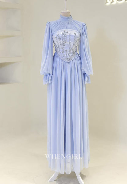 High Neck Long Sleeved Pleated Beaded Floor Length A-Line Chiffon Formal Evening Dress