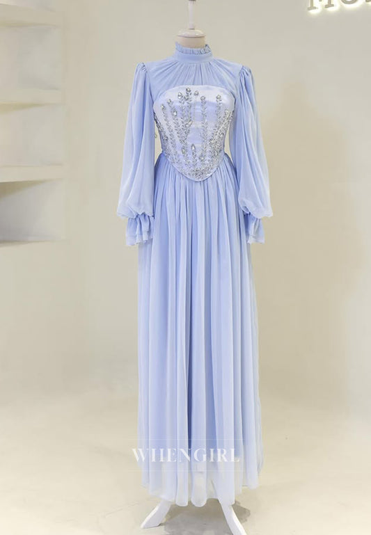High Neck Long Sleeved Pleated Beaded Floor Length A-Line Chiffon Formal Evening Dress