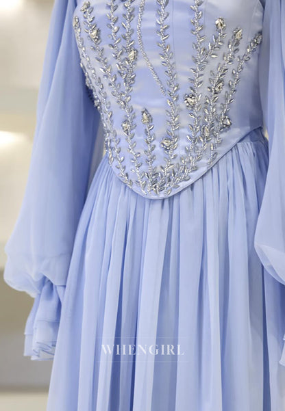 High Neck Long Sleeved Pleated Beaded Floor Length A-Line Chiffon Formal Evening Dress