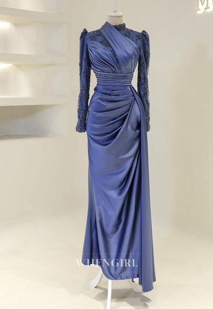 High Neck Beaded Long Sleeves Pleated Sheath Floor Length Evening Formal Dress
