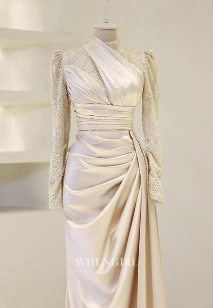High Neck Beaded Long Sleeves Pleated Sheath Floor Length Evening Formal Dress