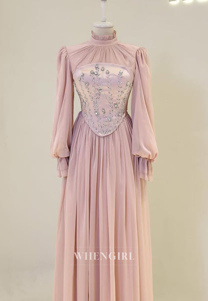 High Neck Long Sleeved Pleated Beaded Floor Length A-Line Chiffon Formal Evening Dress