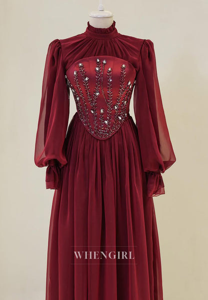 High Neck Long Sleeved Pleated Beaded Floor Length A-Line Chiffon Formal Evening Dress
