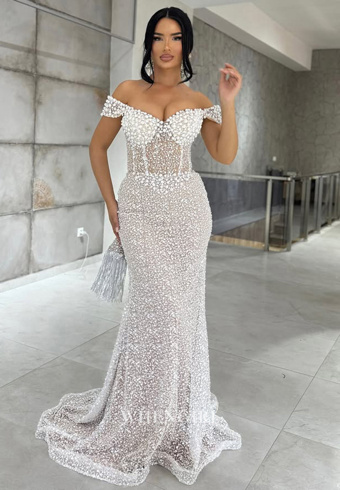 Beaded Off-Shoulder Sleeveless Sheath Sequin Long Party Prom Dress with Train