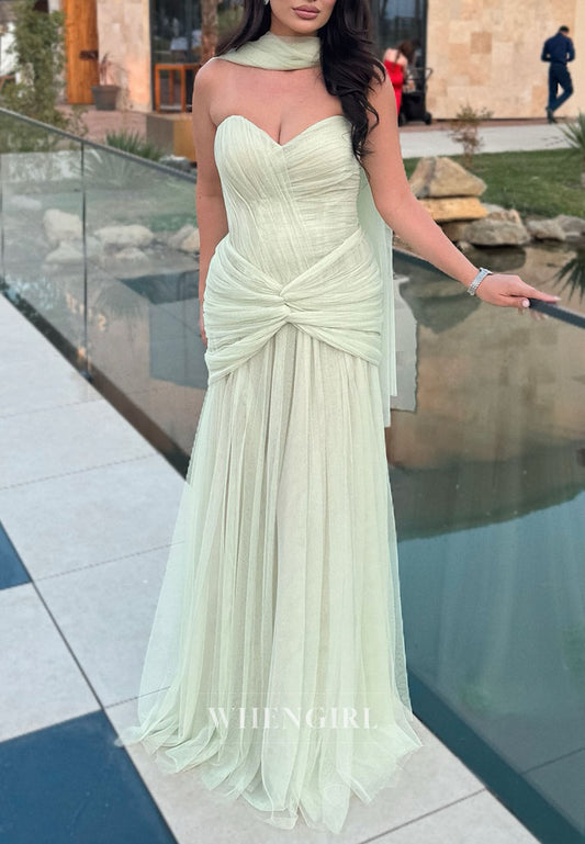 Green Ruched Sleeveless Sweetheart Column Floor Length Evening Dress