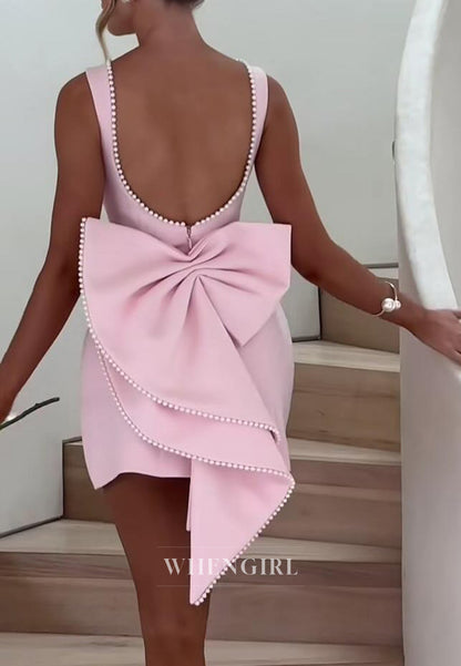 A-Line Sleeveless Bateau Neck Pearls Bowknot Low Back Homecoming Dress