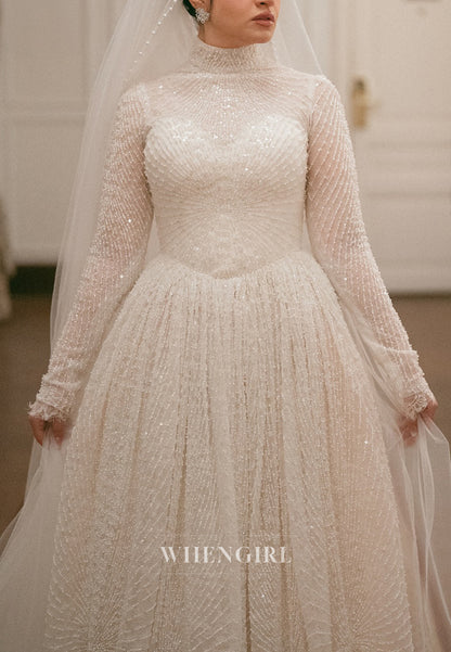 Full Pearls Beaded High Neck Long Sleeves A-Line Wedding Dress