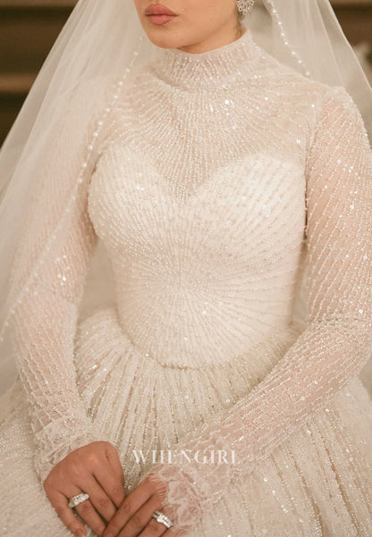 Full Pearls Beaded High Neck Long Sleeves A-Line Wedding Dress