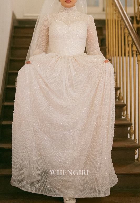 Full Pearls Beaded High Neck Long Sleeves A-Line Wedding Dress