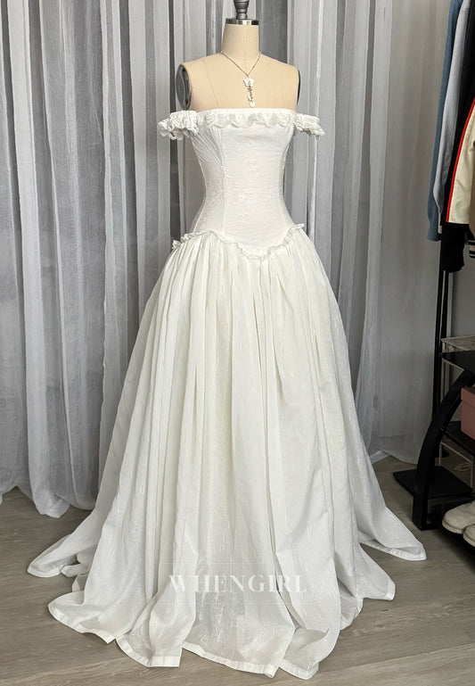 A-Line Off Shoulder Ruffles Sweep Train Lace Vintage Wedding Dress