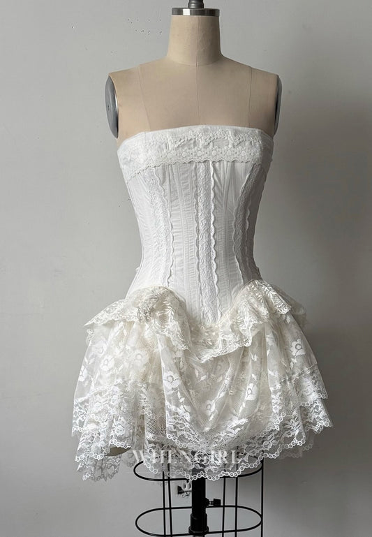 Vintage A-Line Tube Top Sleeveless Bowknot Lace Mini Wedding Dress