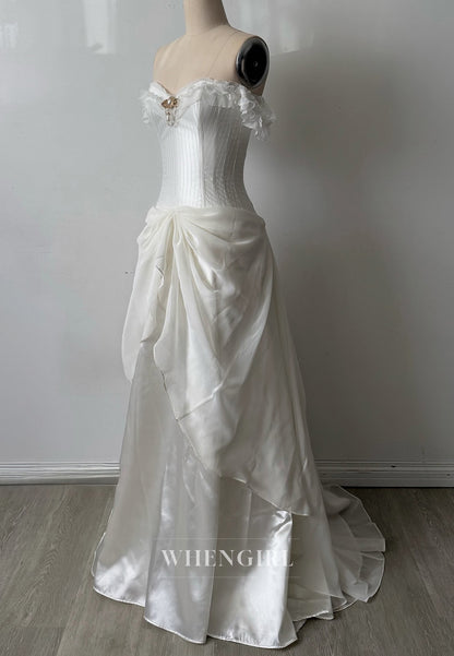 A-Line Beaded Off Shoulder Sweep Train Lace Up Pleated Vintage Wedding Dress