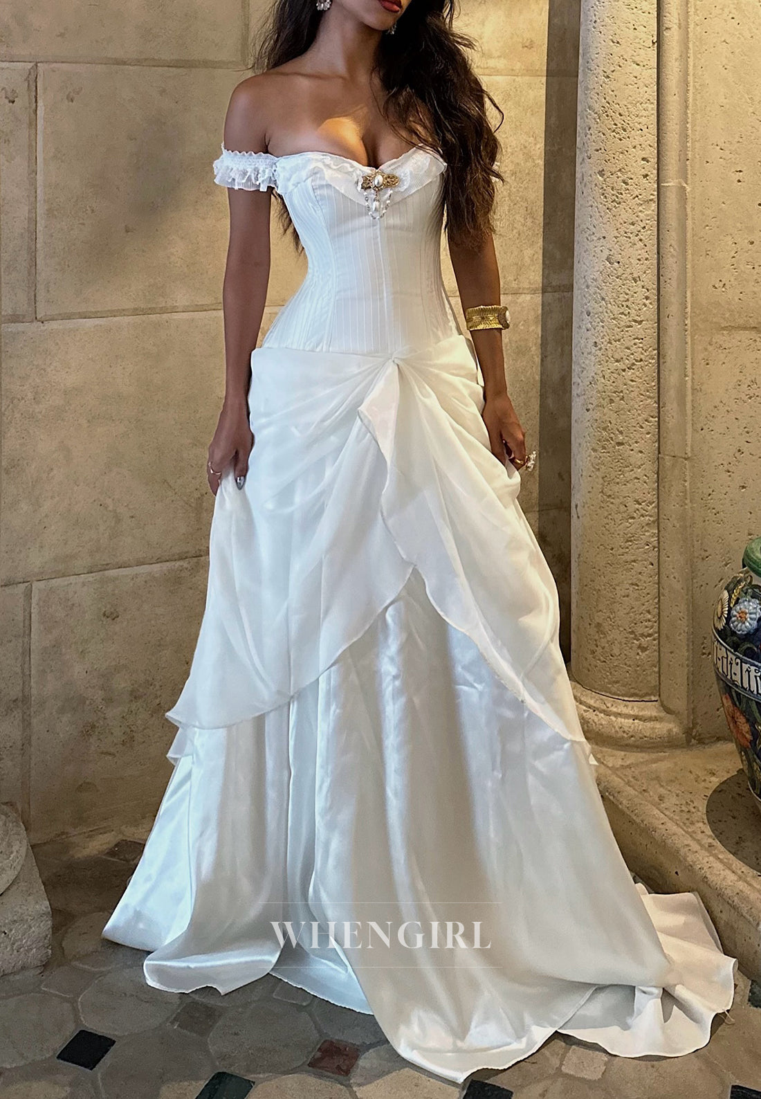 A-Line Beaded Off Shoulder Sweep Train Lace Up Pleated Vintage Wedding Dress