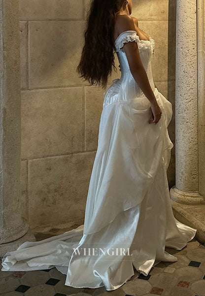 A-Line Beaded Off Shoulder Sweep Train Lace Up Pleated Vintage Wedding Dress