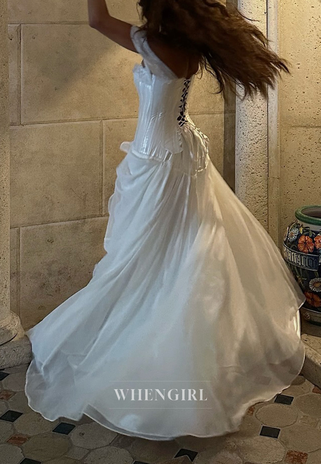 A-Line Beaded Off Shoulder Sweep Train Lace Up Pleated Vintage Wedding Dress