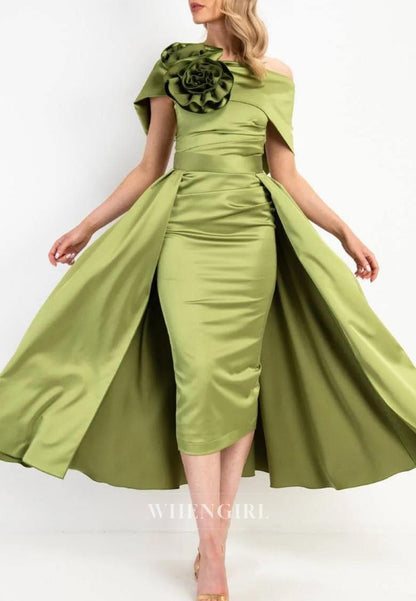 Sheath Asymmetrical Neck Sleeveless 3D Flowers Tea Length Detachable Hem Mother of the Bride Dress