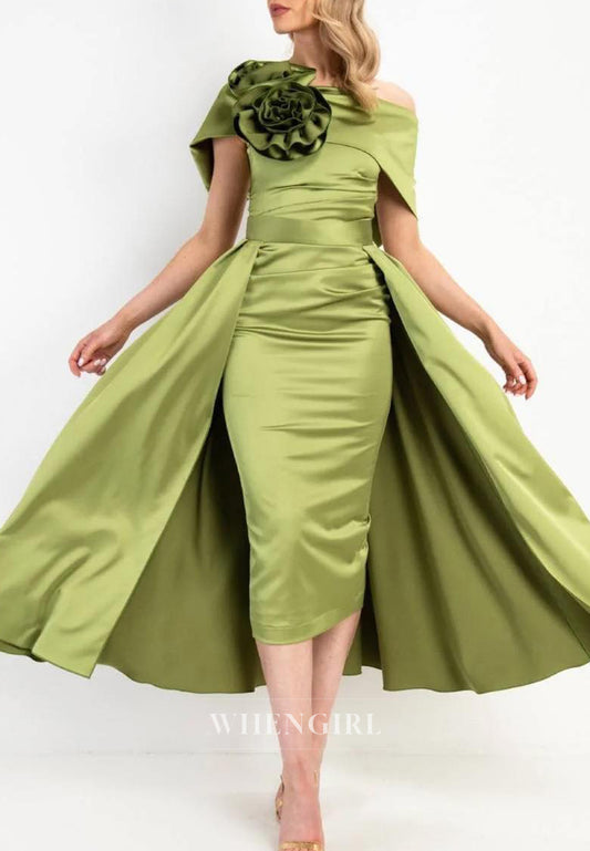 Sheath Asymmetrical Neck Sleeveless 3D Flowers Tea Length Detachable Hem Mother of the Bride Dress