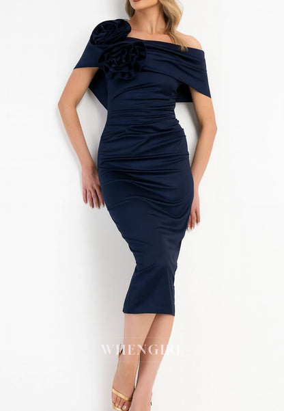 Sheath Asymmetrical Neck Sleeveless 3D Flowers Tea Length Detachable Hem Mother of the Bride Dress