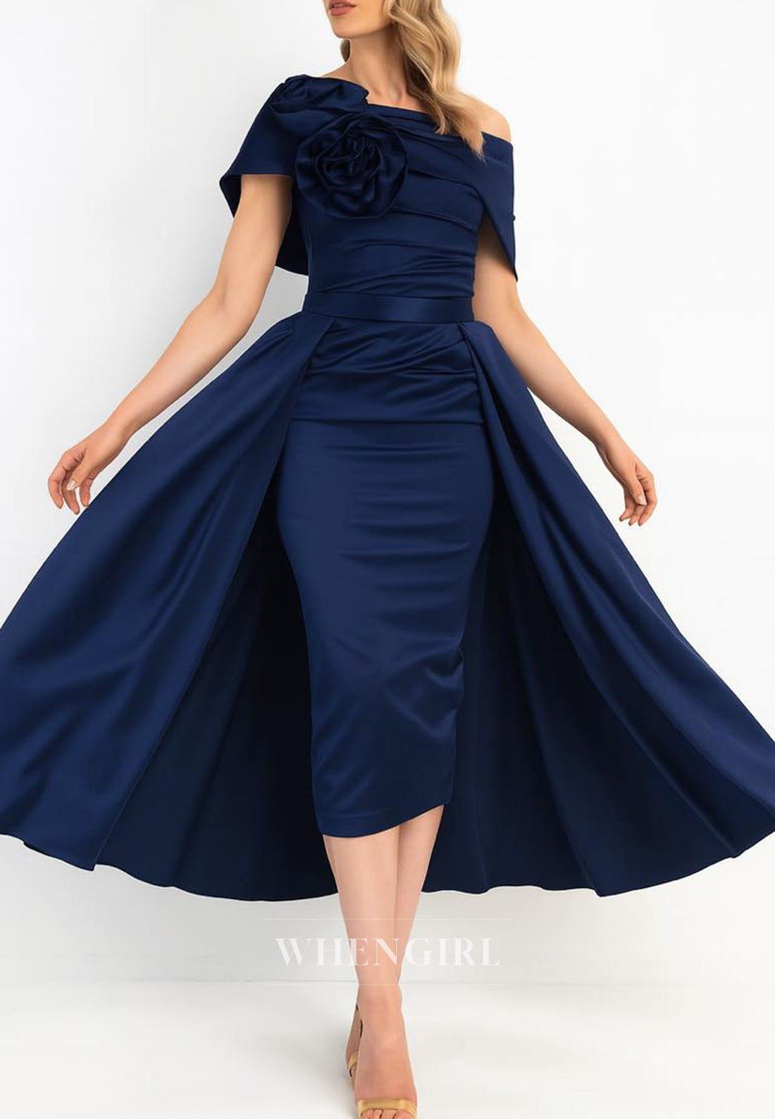 Sheath Asymmetrical Neck Sleeveless 3D Flowers Tea Length Detachable Hem Mother of the Bride Dress