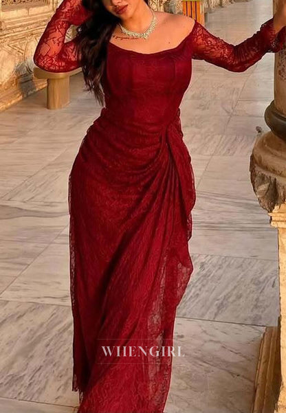 Burgundy Lace Long Sleeves Off Shoulder Ruched Sheath Formal Evening Dress