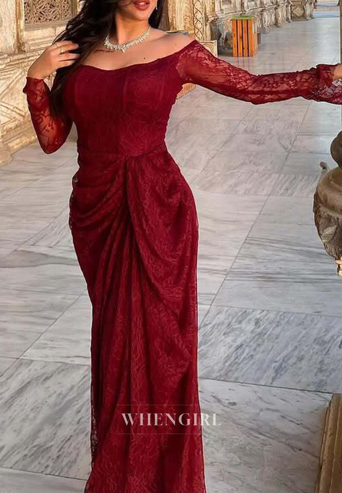 Burgundy Lace Long Sleeves Off Shoulder Ruched Sheath Formal Evening Dress
