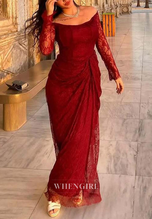 Burgundy Lace Long Sleeves Off Shoulder Ruched Sheath Formal Evening Dress
