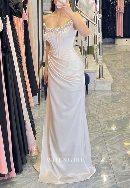 Sheath Beaded Neckline Sleeveless Ruched Floor Length Evening Dress with Scarf