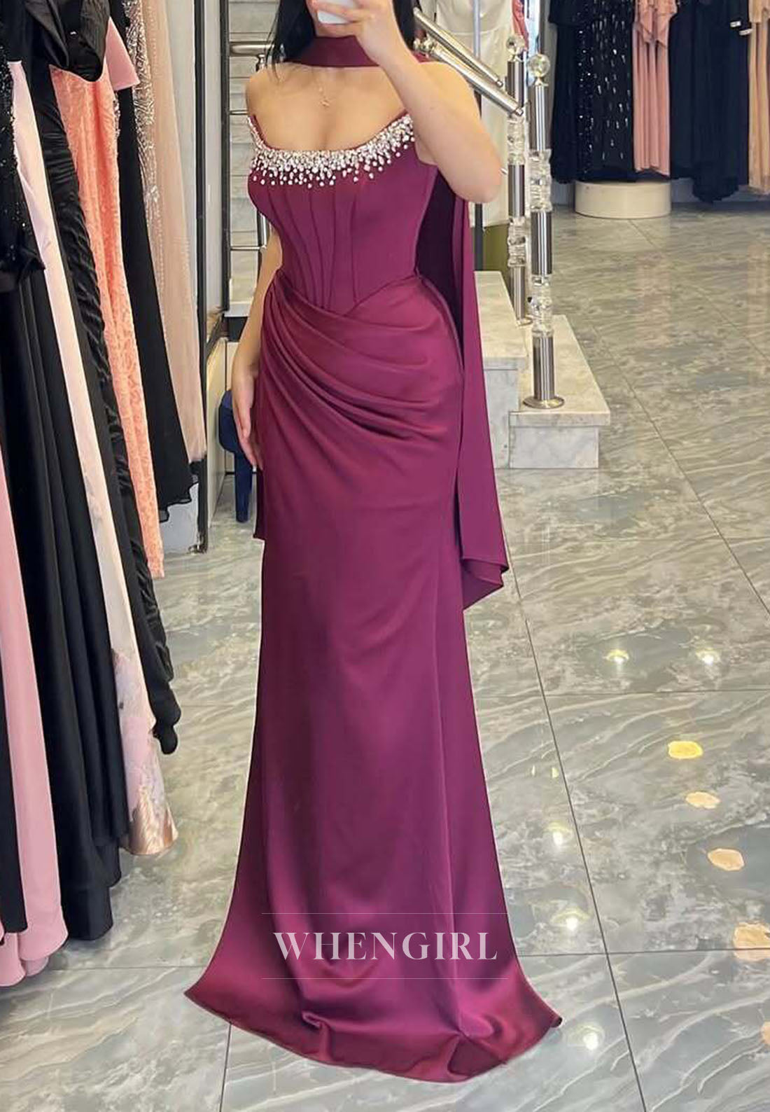 Sheath Beaded Neckline Sleeveless Ruched Floor Length Evening Dress with Scarf