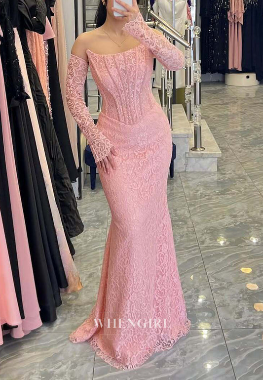 Dusty Pink Mermaid Long Sleeeves Strapless Lace Floor Length Evening Formal Dress