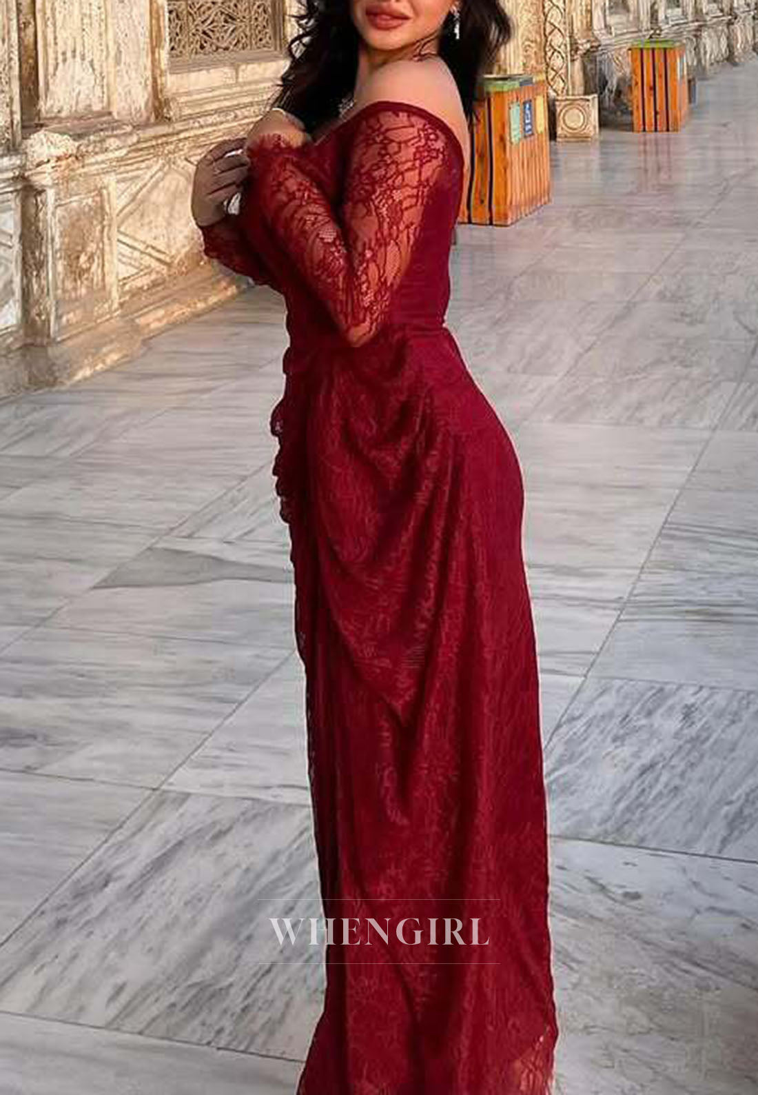 Burgundy Lace Long Sleeves Off Shoulder Ruched Sheath Formal Evening Dress