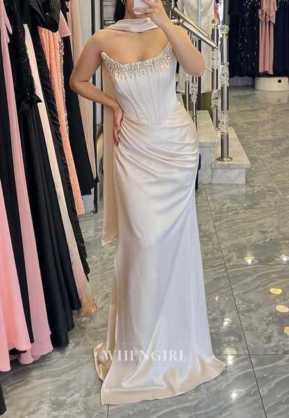Sheath Beaded Neckline Sleeveless Ruched Floor Length Evening Dress with Scarf