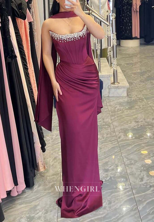 Sheath Beaded Neckline Sleeveless Ruched Floor Length Evening Dress with Scarf