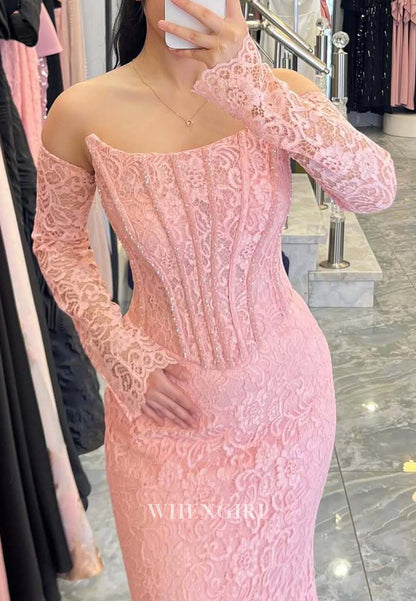 Dusty Pink Mermaid Long Sleeeves Strapless Lace Floor Length Evening Formal Dress