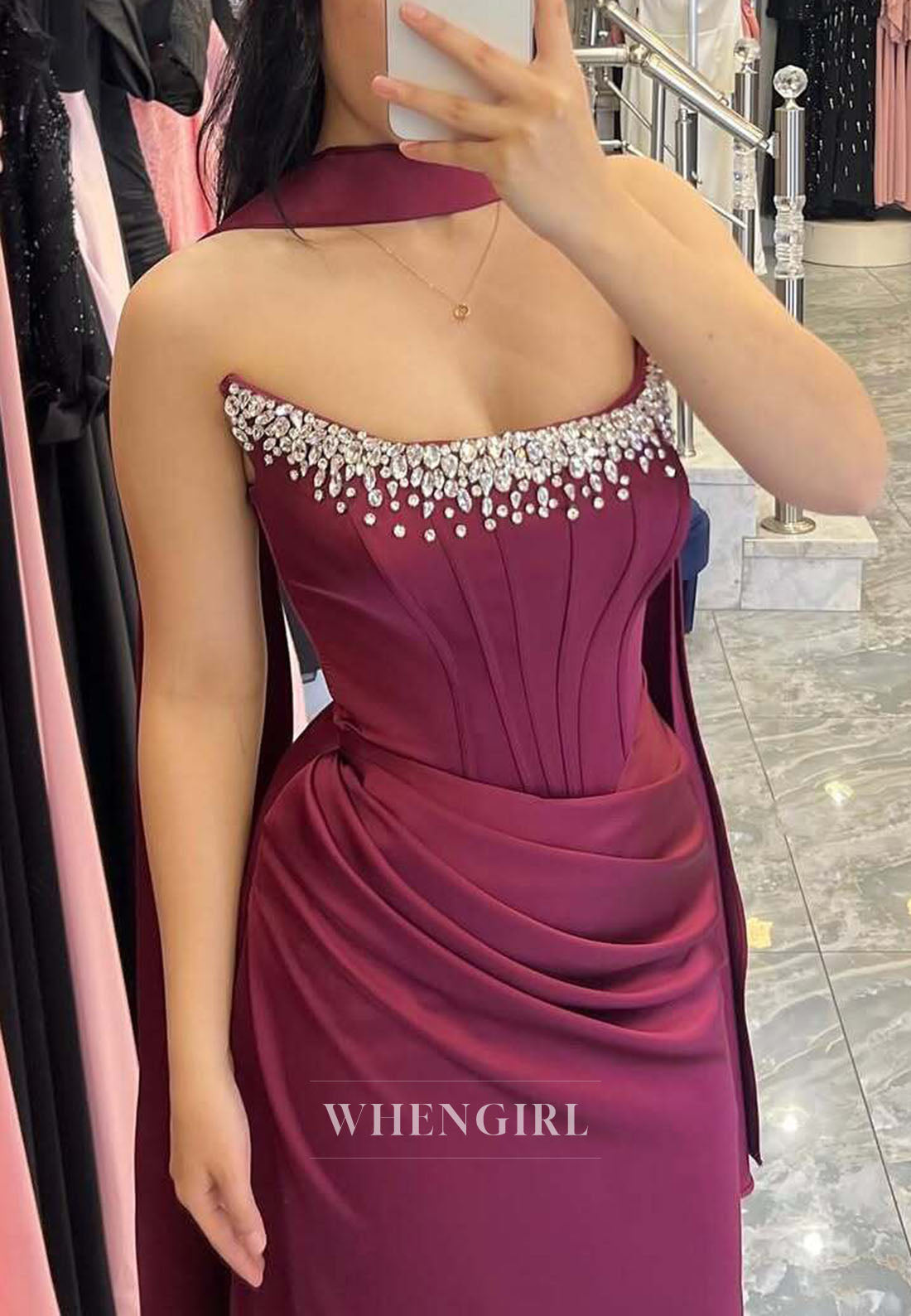 Sheath Beaded Neckline Sleeveless Ruched Floor Length Evening Dress with Scarf