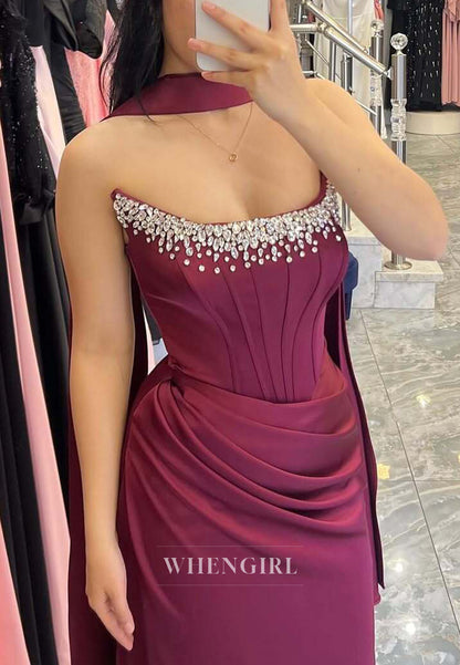 Sheath Beaded Neckline Sleeveless Ruched Floor Length Evening Dress with Scarf