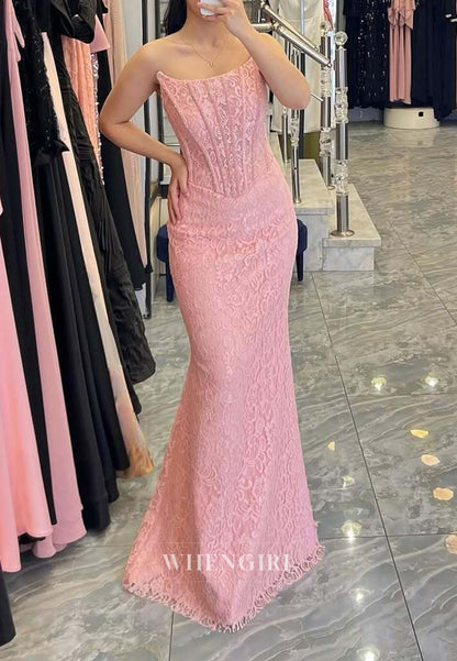 Dusty Pink Mermaid Long Sleeeves Strapless Lace Floor Length Evening Formal Dress
