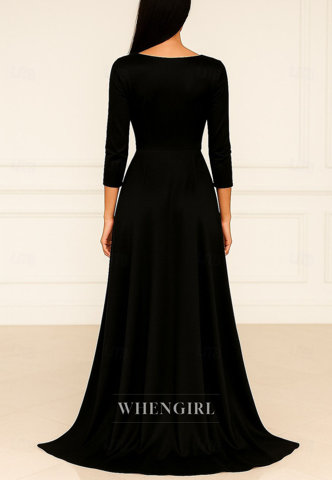 Black-Gold Floor Length Ruched 3/4 Sleeves Sheath Mother of the Bride Dress