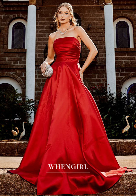 Elegant Tube Top A-Line Sleeveless Ruched Satin Evening Party Dress with Train
