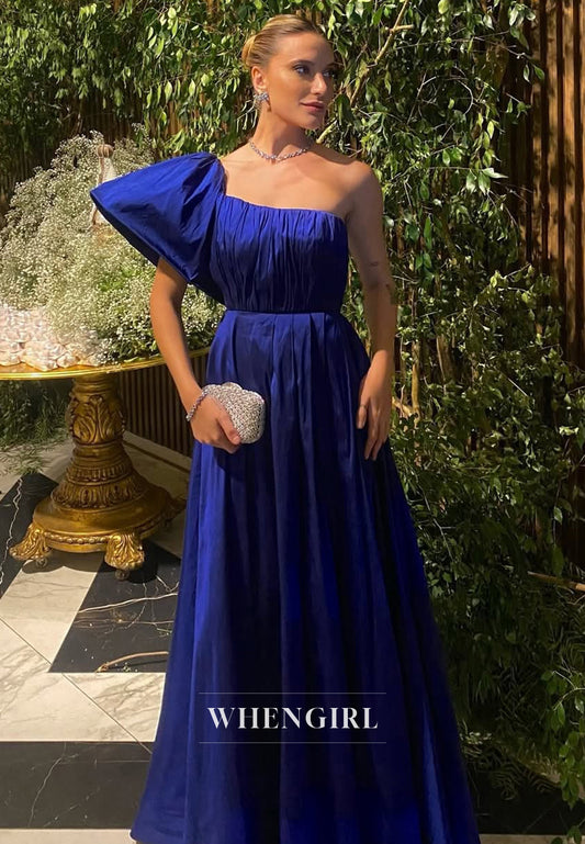 Classic One Shoulder A-Line Sleeveless Pleats Satin Long Formal Prom Dress
