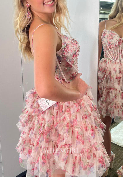 V Neck Pearls Beaded Multi Tiered Floral A-Line Back Zipper Short Homecoming Dress