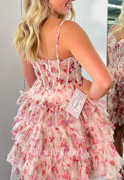 V Neck Pearls Beaded Multi Tiered Floral A-Line Back Zipper Short Homecoming Dress