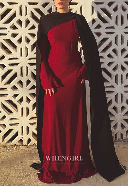Burgundy Column Bateau Neck Long Sleeves Simple Evening Dress with Black Cape