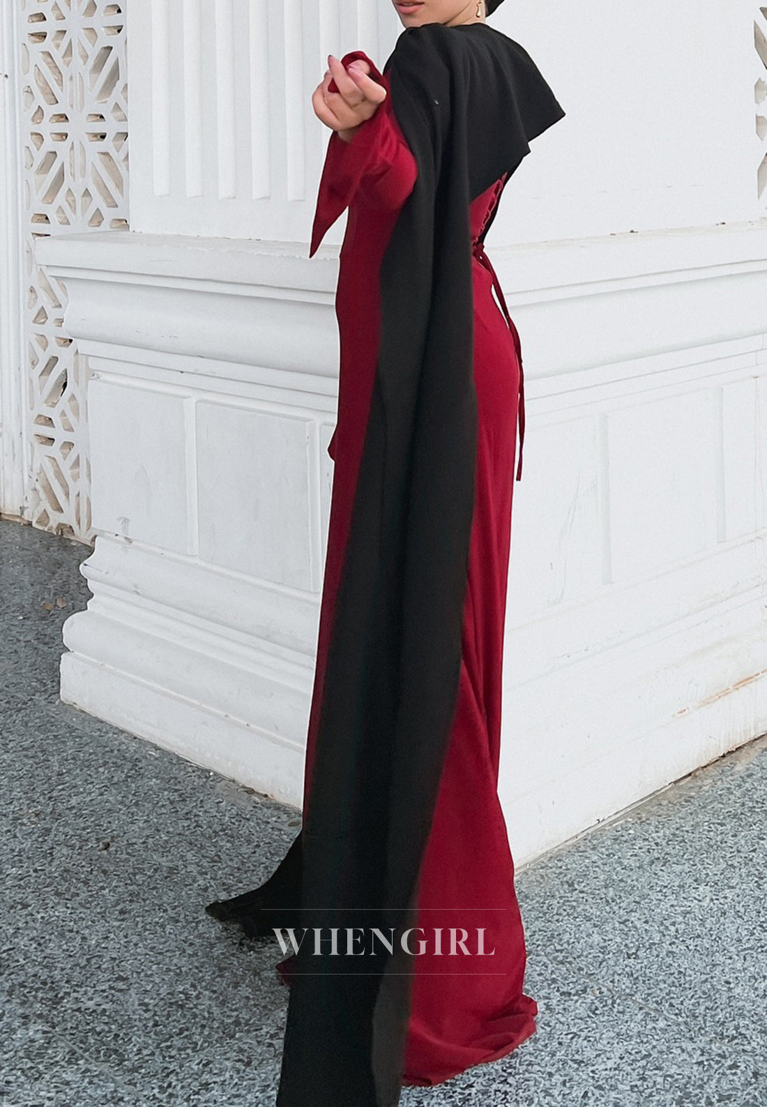 Burgundy Column Bateau Neck Long Sleeves Simple Evening Dress with Black Cape