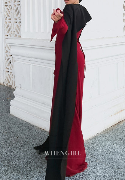 Burgundy Column Bateau Neck Long Sleeves Simple Evening Dress with Black Cape