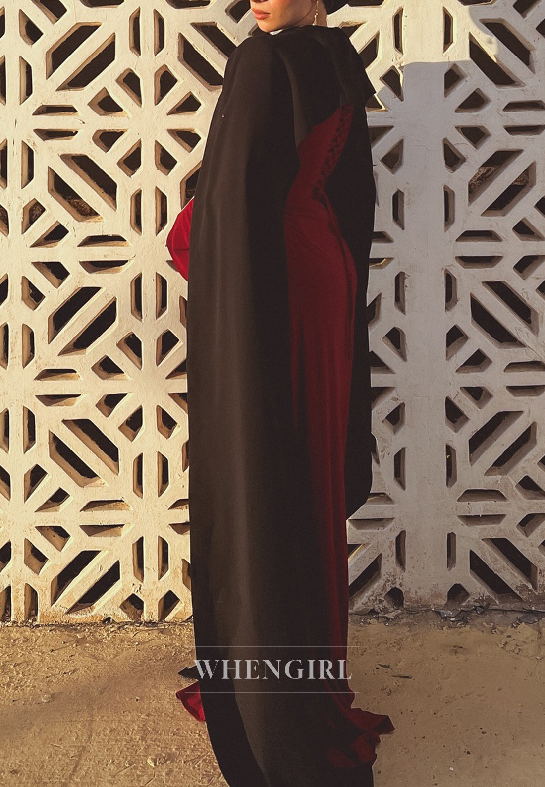 Burgundy Column Bateau Neck Long Sleeves Simple Evening Dress with Black Cape